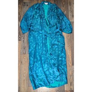 Esme Vintage 100% Pure Silk Teal Blue Floral Jacquard Kimono Robe Long Belted